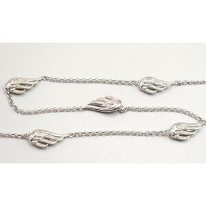 925 Sterling Silver Diamond Angel Wing 5 Station Necklace 24" Rolo Chain EA
